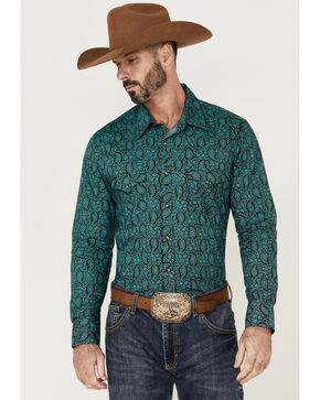 Zimaes-Men Floral Western Shirt Long Sleeve Buttoned Bronzing Skinny Blouse 